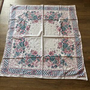 Vintage Thin Cotton Tablecloth Blue & Red Floral Size 47 X 45